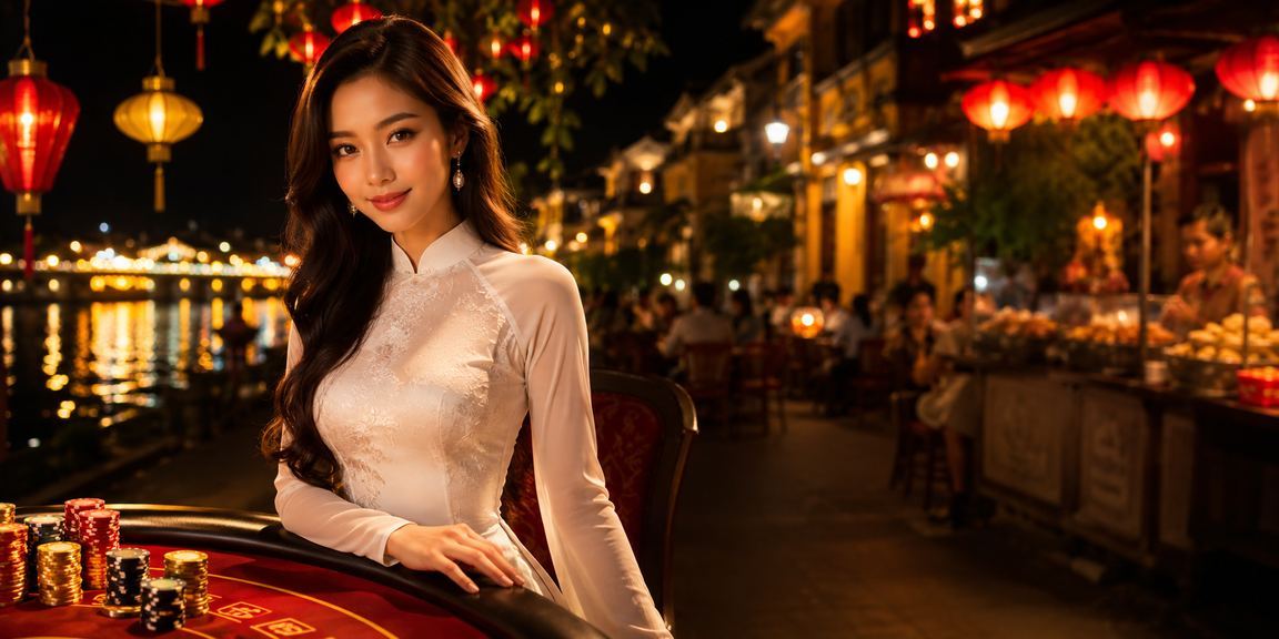 Người phụ nữ áo dài Hội An thưởng thức giải trí casino và dùng voucher ưu đãi trực tuyến